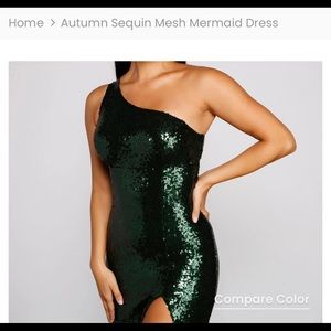 Sequin, one shoulder, emerald green evening dress. Size S